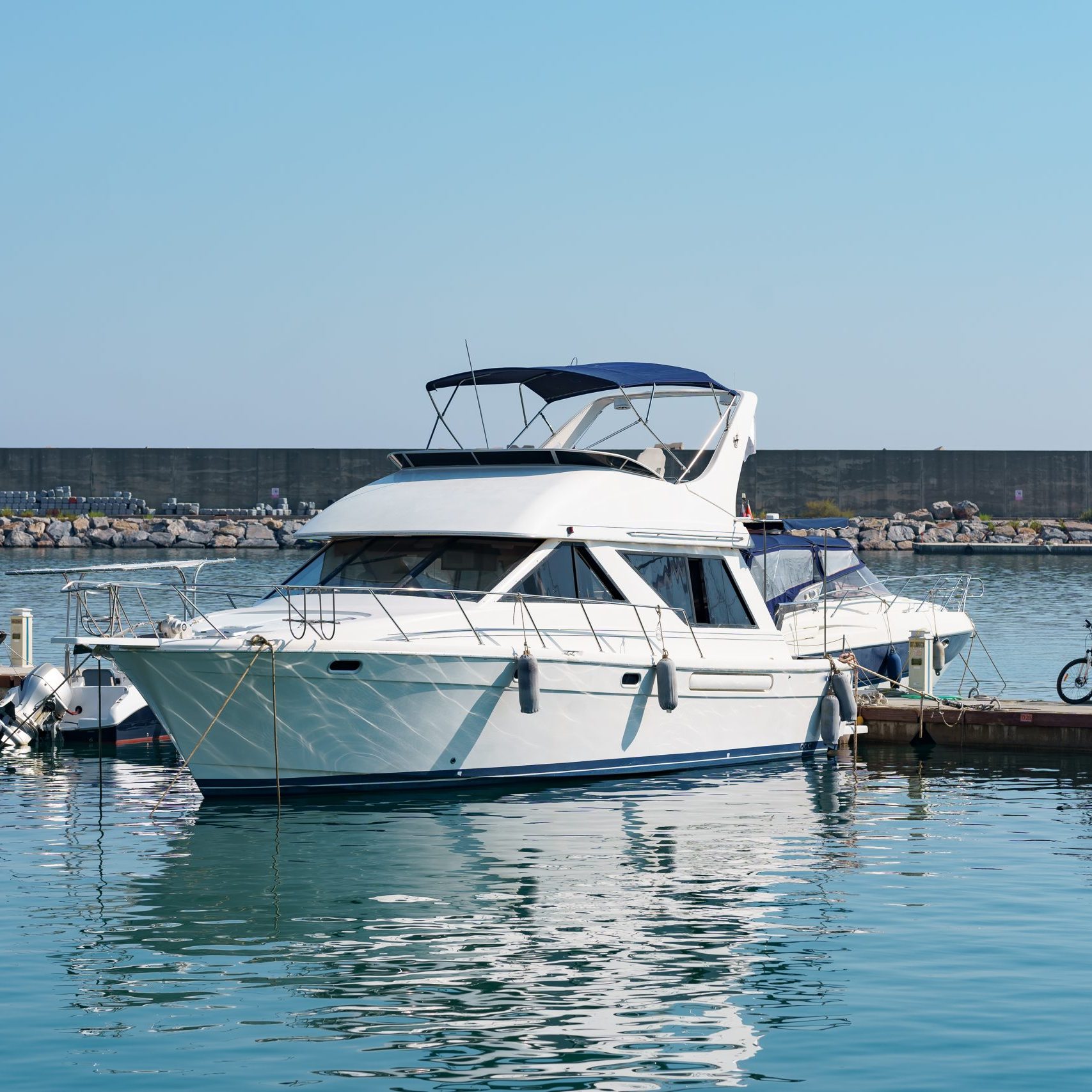 Marine parking of boats and yachts in Turkey. Yacht docked in sea port